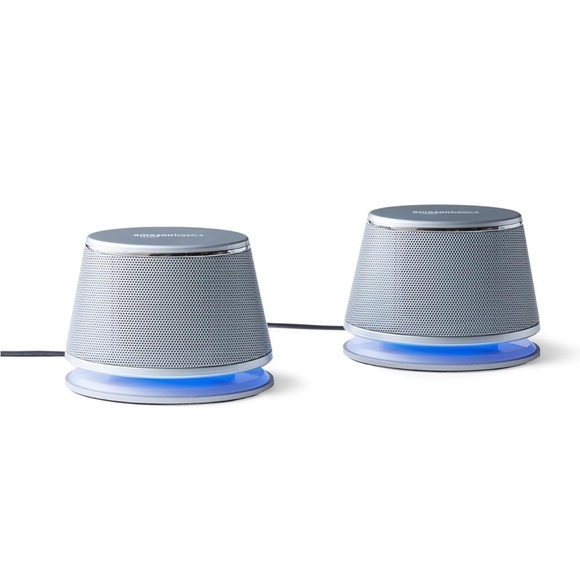 USB Plug-n-Play Computer 2 Speakers PC Laptop, Silver with Blue LED Light - Picture 1 of 6